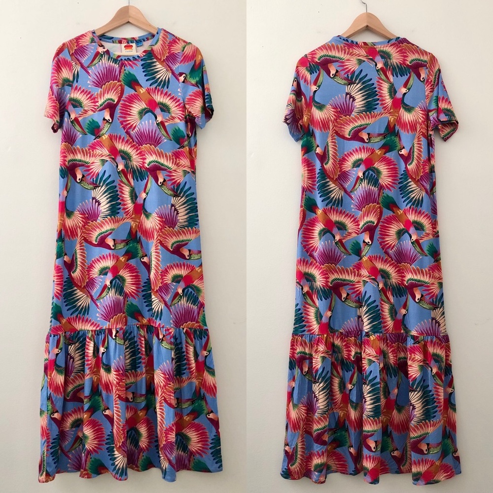 Farm Rio Rainbow Toucan Printed Drop Waist T-Shirt Maxi Dress